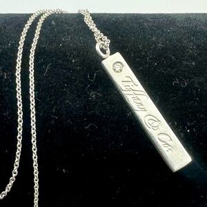 Tiffany & Co. Sterling Silver Solitaire Diamond Bar Pendant Charm 16” Necklace